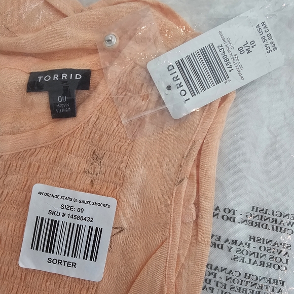 Torrid Peach Star Print Gauze Tank Top Smocked Size 00 (L) NWT - Picture 10 of 14